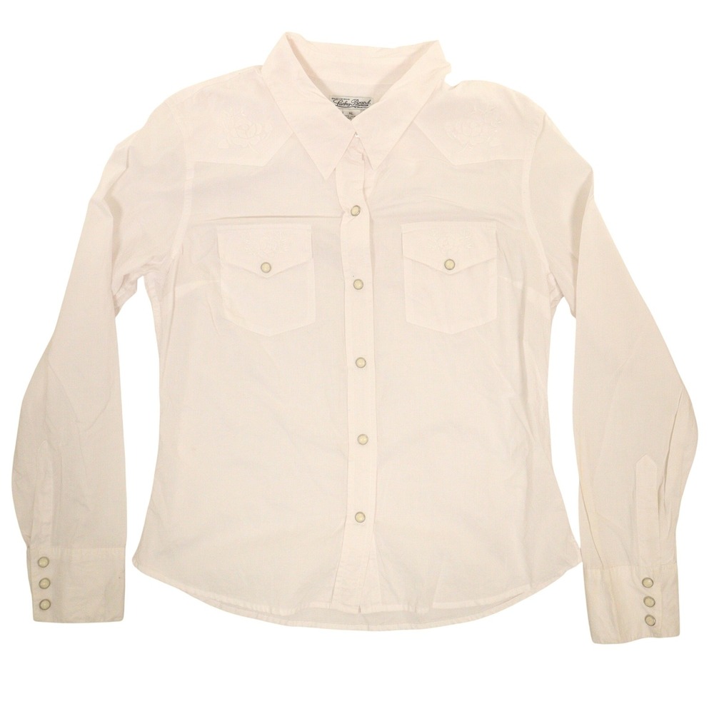 Lucky Brand Western Shirt Embroidered Pearl Snap White Cotton Women XL